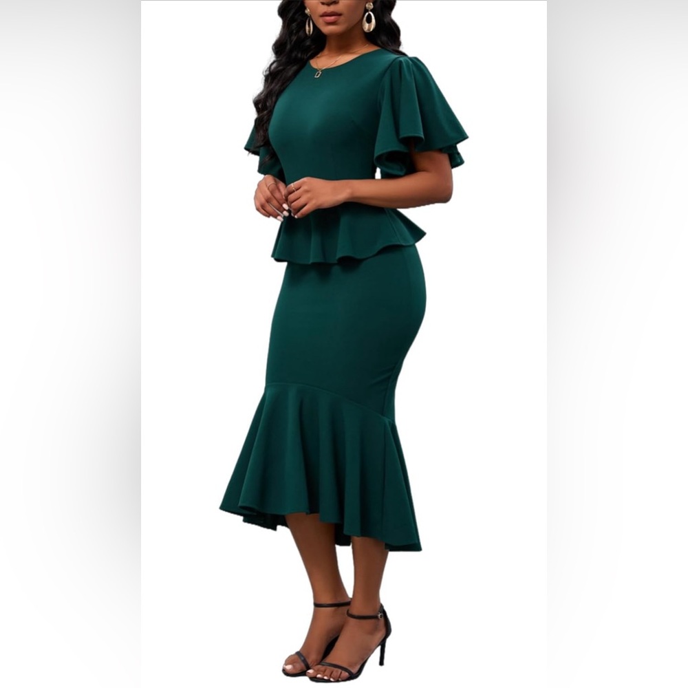 Ruffle Short Sleeve Fishtail Dress Formal Peplum Cocktail Mermaid Dress Elegant